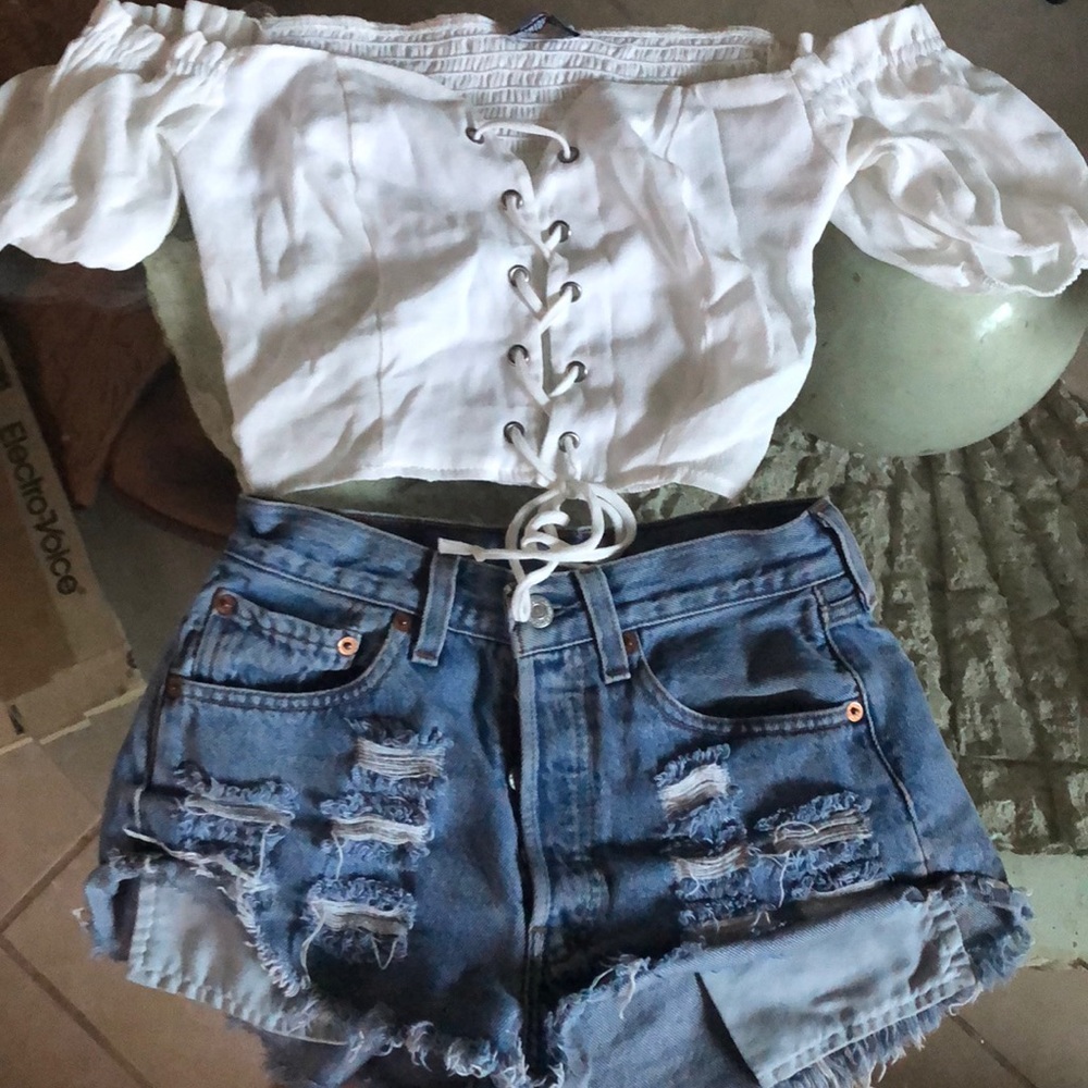 White off shoulder lace up crop top